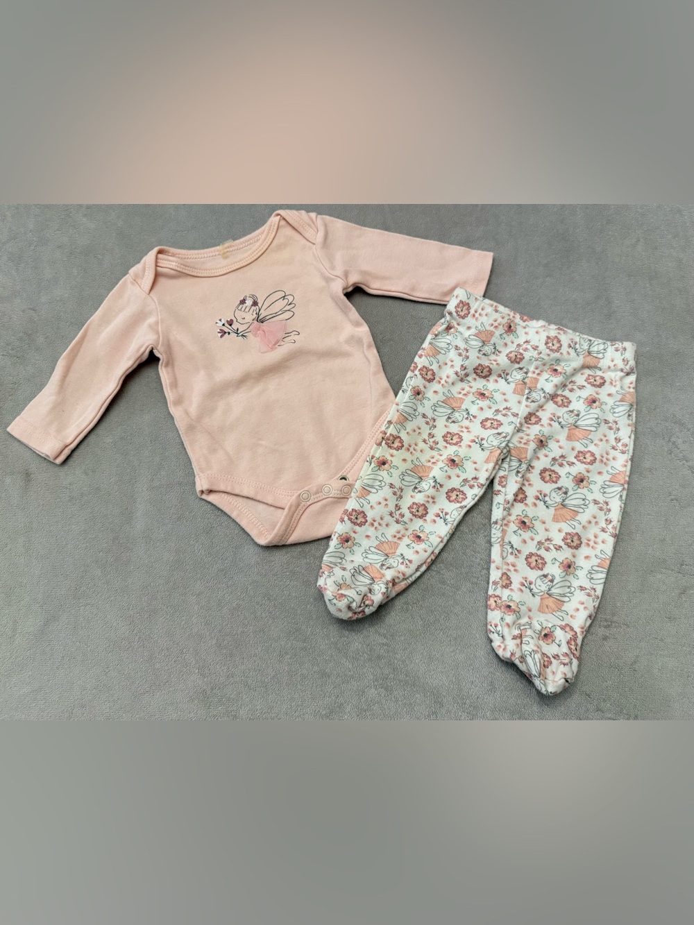Kyle & Deena Outfit Set 0-3 Month Fairy Bodysuit Footed Pants Pink Floral Cotton